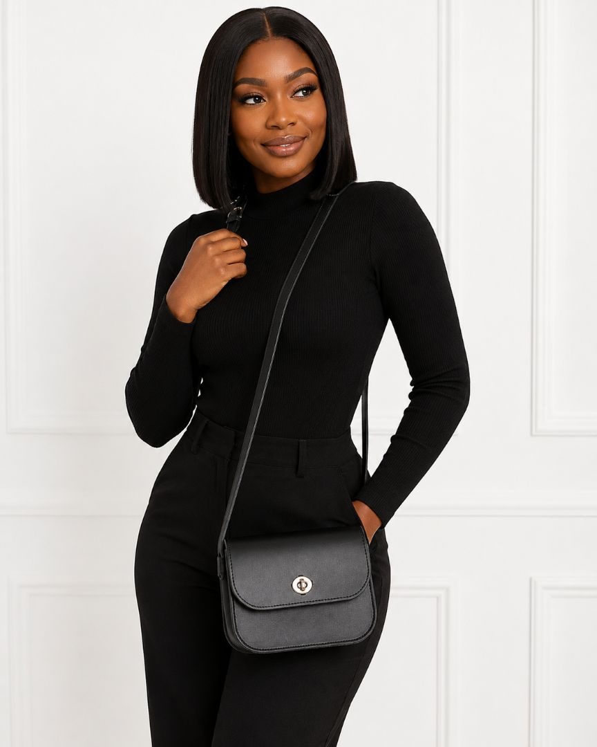 Womens Classic Black Leather Crossbody Shoulder Bag